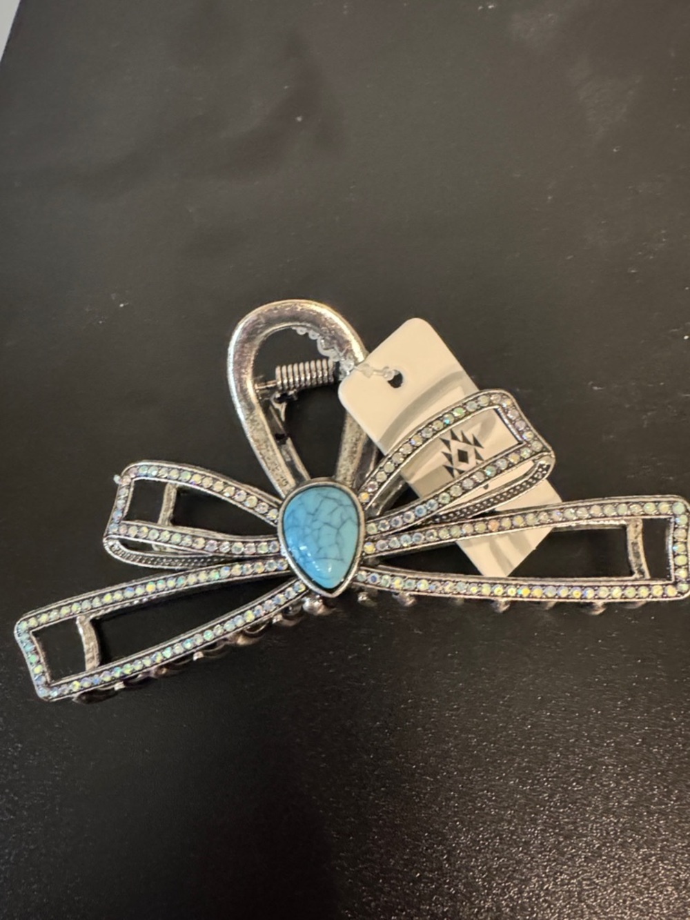 Silver-Tone Bow Hair Clip with Turquoise Stone